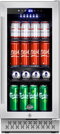 Tylza 15 Inch Beverage Refrigerator, 130 Cans Quiet Beverage Fridge, 15'' Beverage Cooler Under Counter with Glass Door and Lock for Built-in or Freestanding With Temperature Memory Function TYBC100