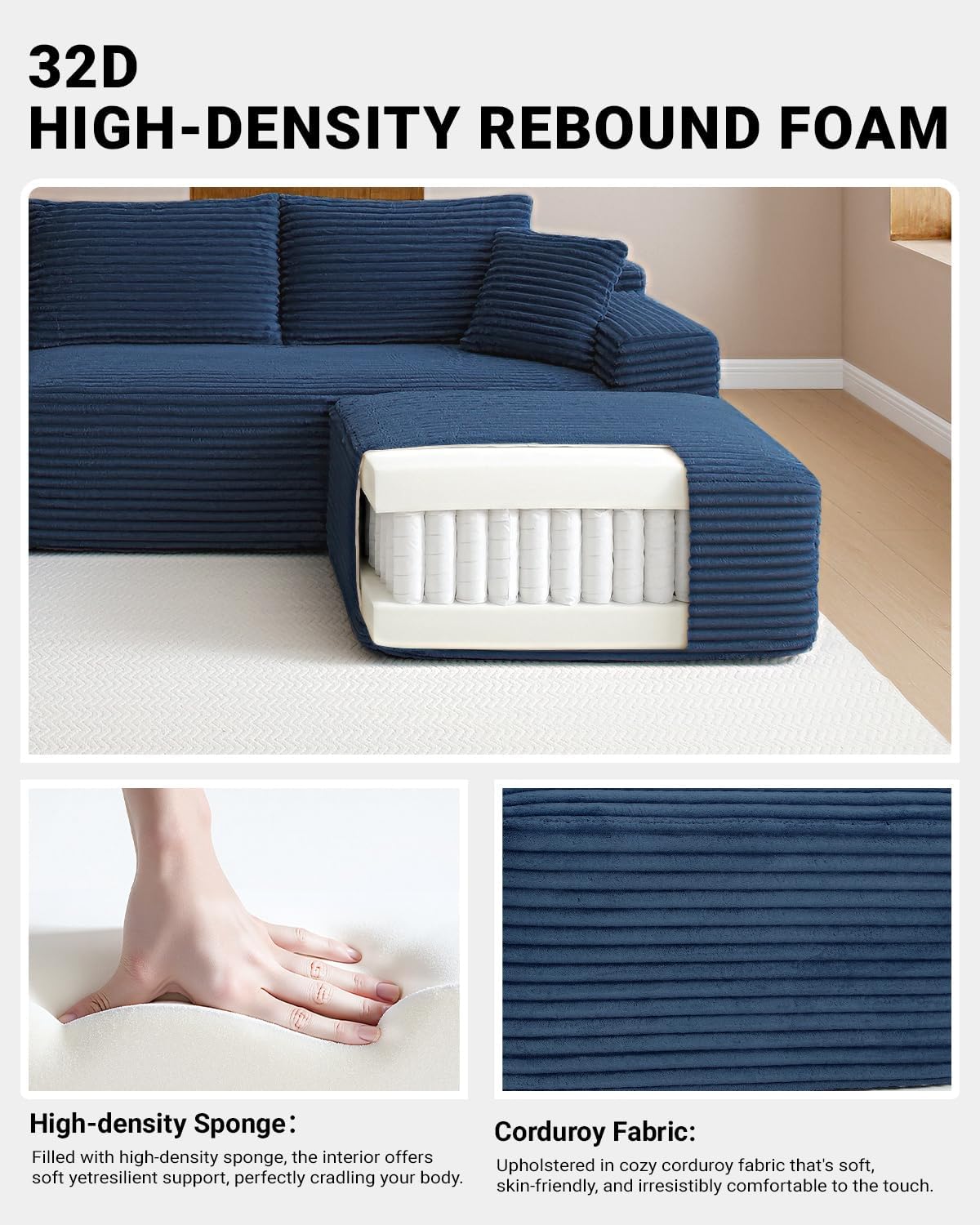 108' Cloud Sectional Couch,Modern Modular Sectional Sofa with Deep Seat,Corduroy Boneless Couches with L-Shape Chaise for Living Room,No Assembly Required (Blue, Left Facing Chaise)
