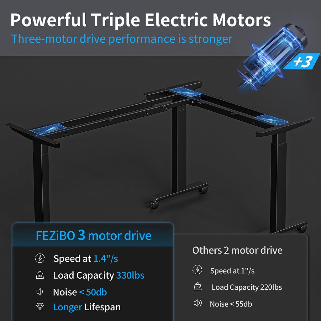 FEZIBO Triple Motor 63' L Shaped Standing Desk, Electric Standing Gaming Desk Adjustable Height, Corner Stand up Desk with Splice Board, Black Frame/Rustic Brown Top