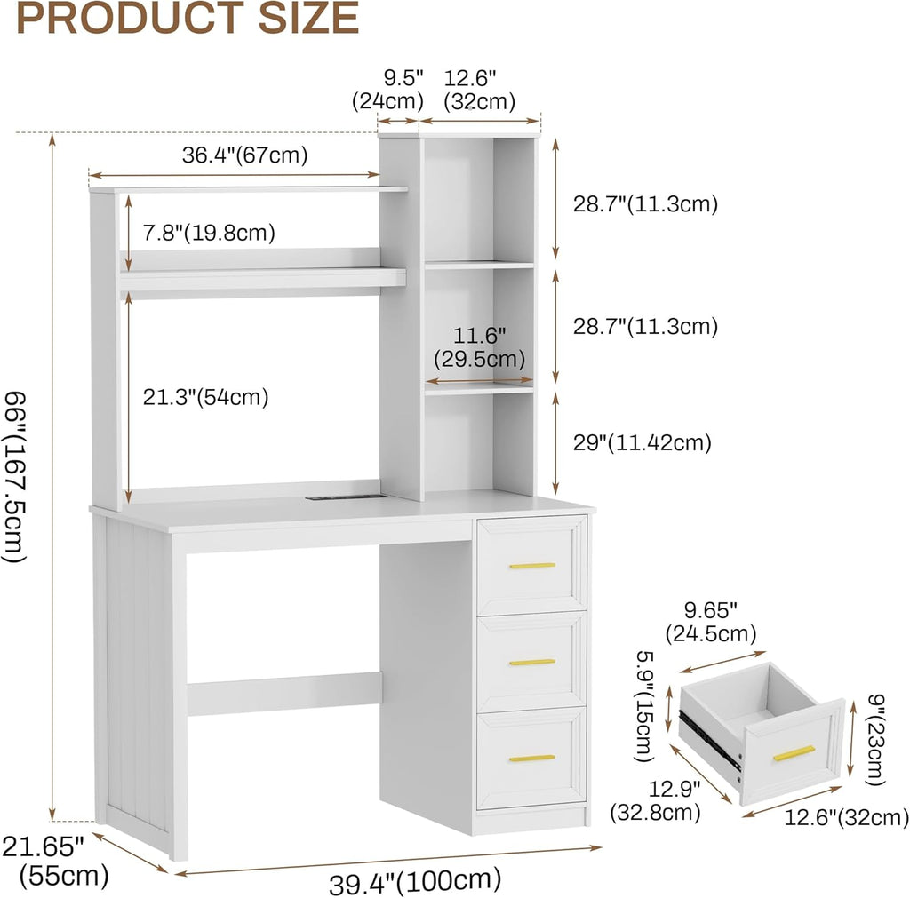 LVSOMT 40' Home Office Desk with Hutch and Drawers, Computer Desk with Power Outlets and LED Light, Study Writing Gaming Table with Storage Shelves, Workstation for Bedroom, White