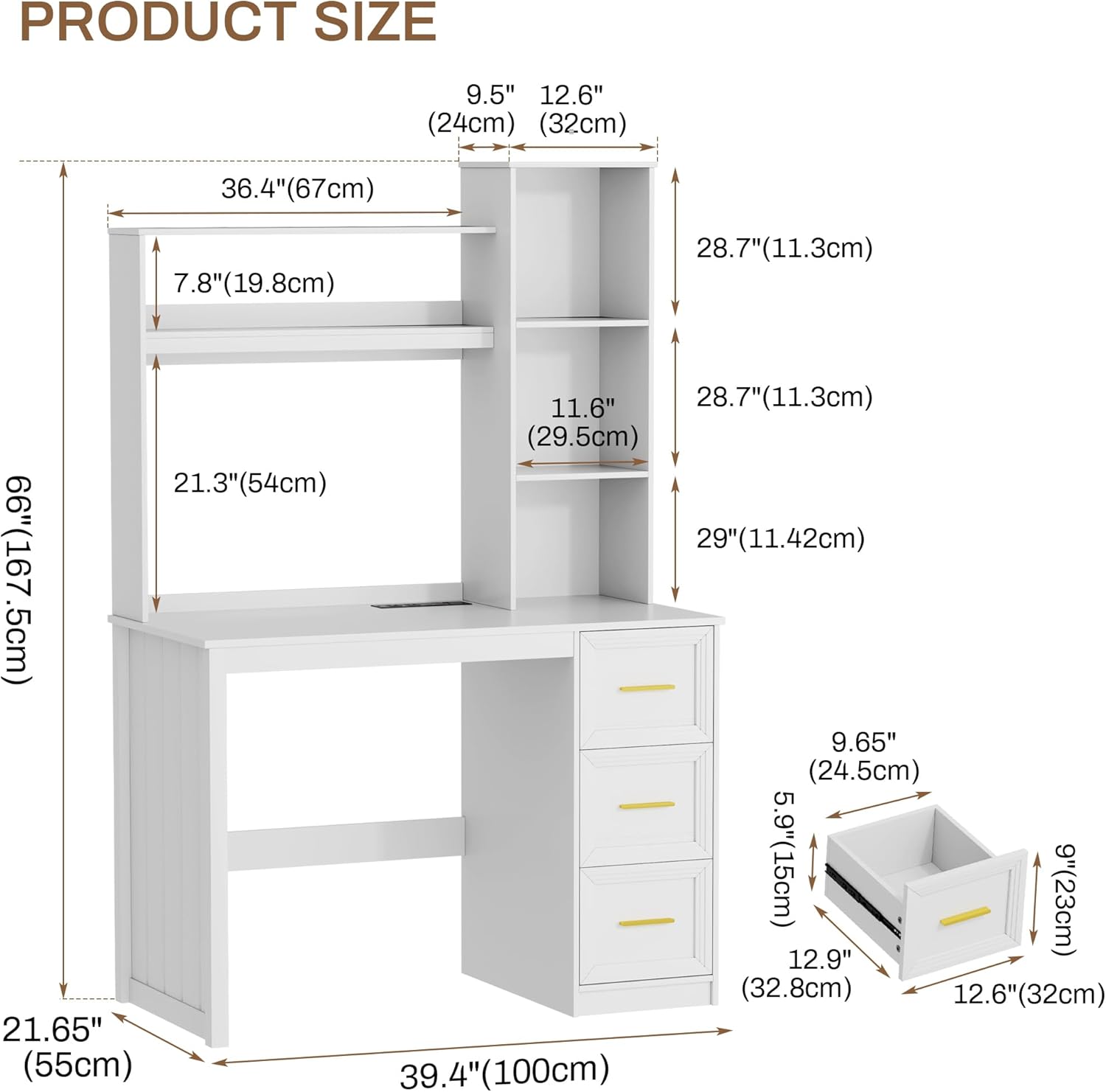 LVSOMT 40' Home Office Desk with Hutch and Drawers, Computer Desk with Power Outlets and LED Light, Study Writing Gaming Table with Storage Shelves, Workstation for Bedroom, White