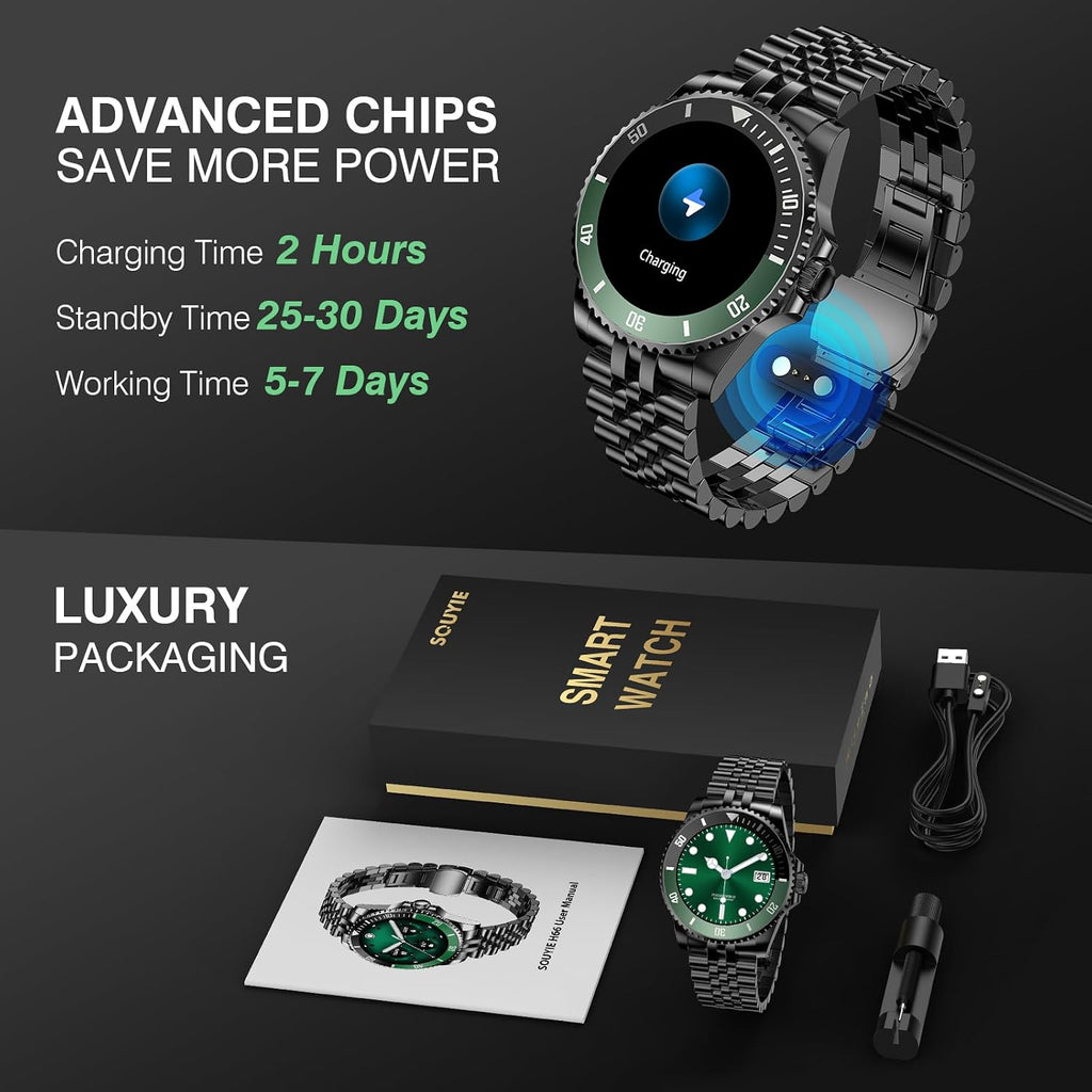 SOUYIE GPT Smart Watch with Bluetooth Call,1.19-inch AMOLED Display, 24/7 Heart Rate, Blood Oxygen, Blood Pressure, Sleep Monitor, 107 Sports Fitness Tracker, Compatible Android and iOS Black Green