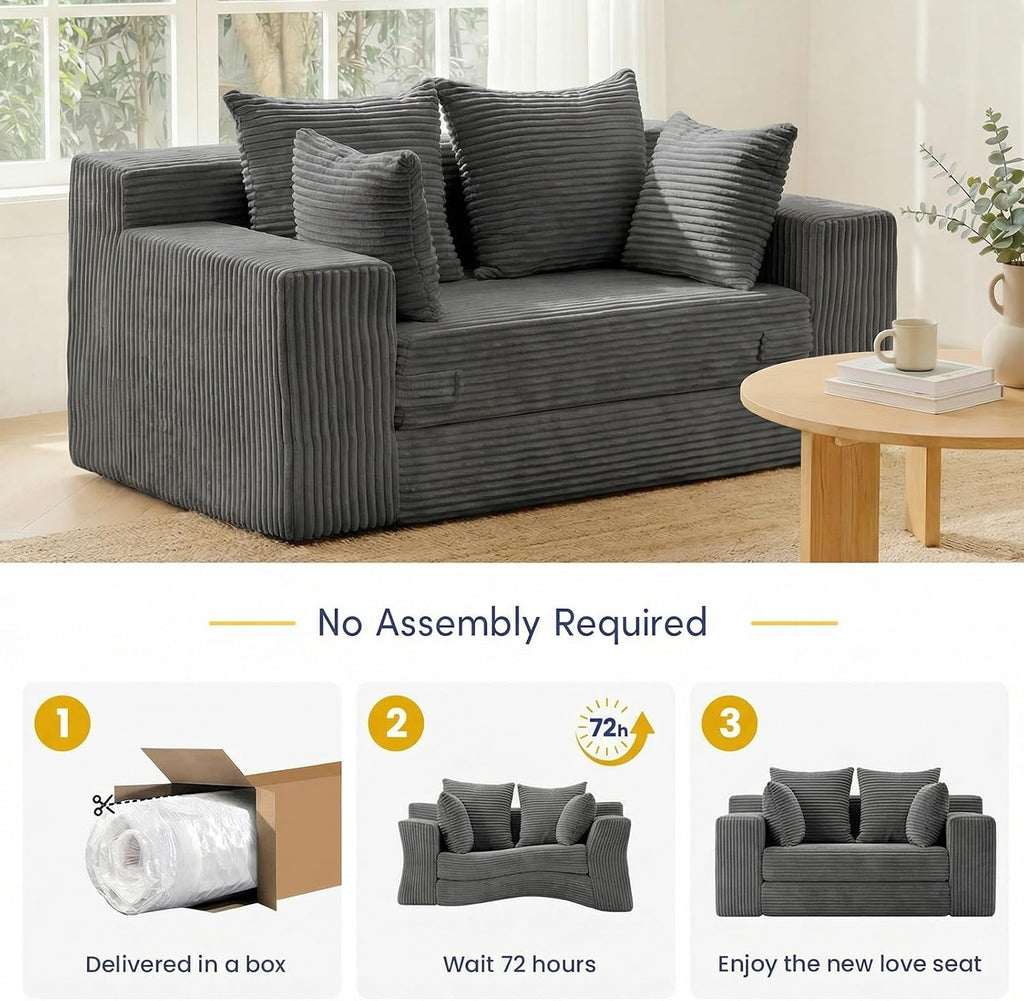 cidludto Boneless Couch Loveseat Sleeper, Convertible Sofa Bed Folding Couch Bed Foldable, 2 in 1 Boneless Chair Bed & Futon Sofa Bed, Small Pull Out Sofa with 4 Pillows for Living Room, Grey | No Assembly, Convertible, 2 in 1, Pull Out Handle, 4 Pillows