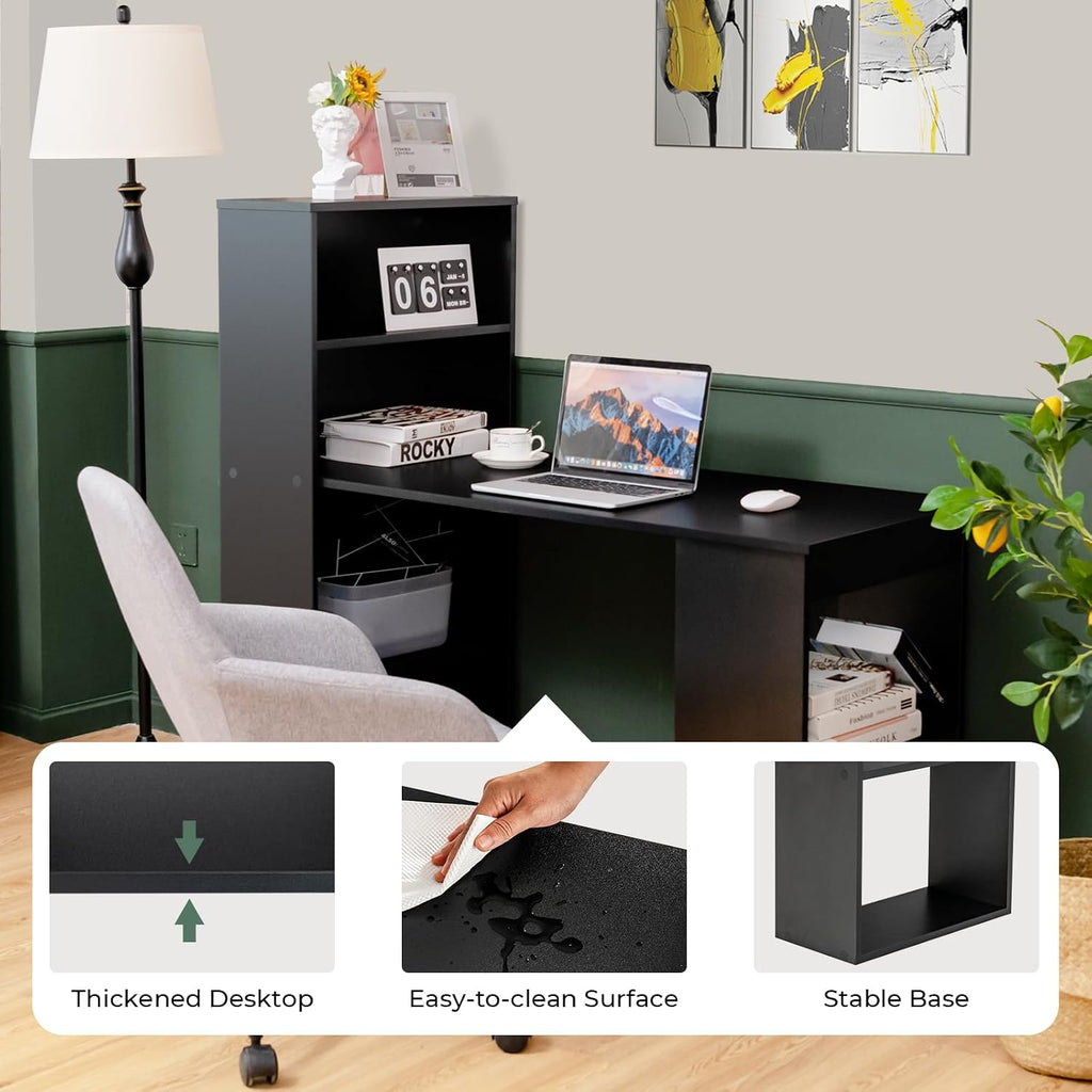 Giantex 48 Inch Computer Desk with Bookshelf, 3-in-1 Home Office Desk with 4-Tier Bookcase & CPU Stand, Space-Saving Reversible Writing Desk Work Table for Bedroom, Study Room, Office (Black)