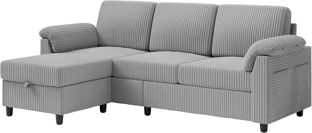 Vongrasig Convertible Sectional Couches Sofa, 3 Seat L Shaped Sofa with Removable Pillows Soft Corduroy Fabric Small Couch Mid Century for Living Room, Bed Room, Apartment and Office (Light Grey)