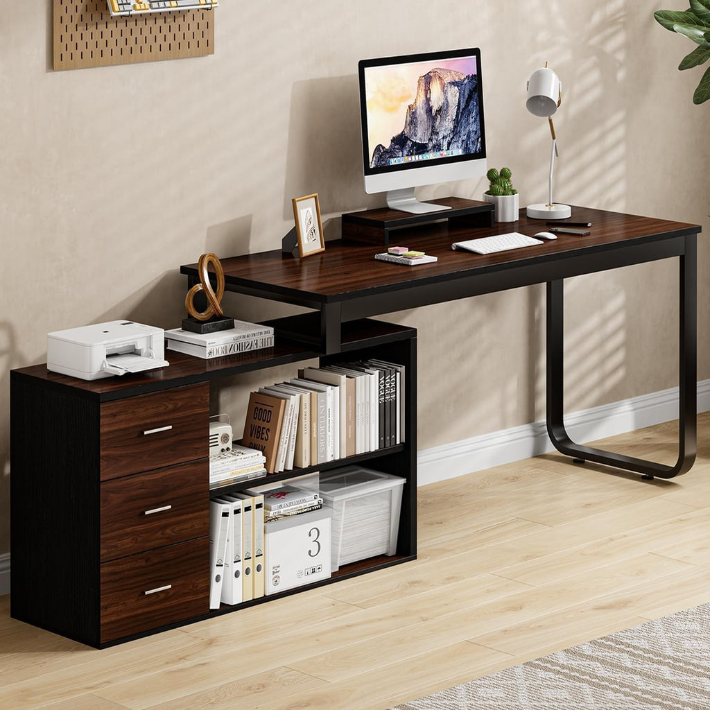 MaverickFurni 55' L Shaped Desk with Drawers and Shelves, Home Office Desk with Monitor Stand for Work Writing Study, Reversible Corner Desk with Storage, Black