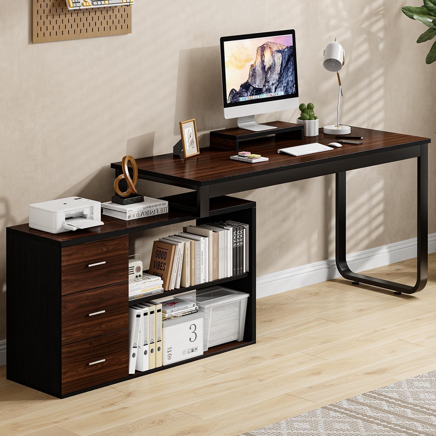 MaverickFurni 55' L Shaped Desk with Drawers and Shelves, Home Office Desk with Monitor Stand for Work Writing Study, Reversible Corner Desk with Storage, Black