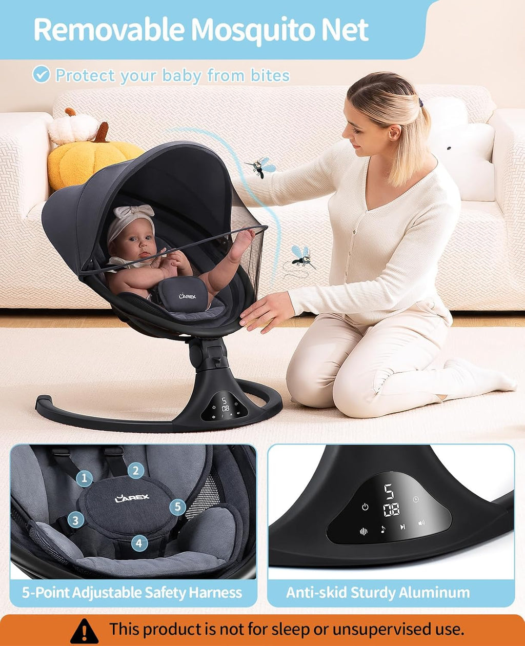 LAREX Baby Swing to Toddler Electric Infant Swing Portable for Newborn Boy Girl, 5 Sway Speeds with Remote Control, 12 Preset Melodies and Bluetooth, 0-6 Months Max 20 Lbs (Modern Black)