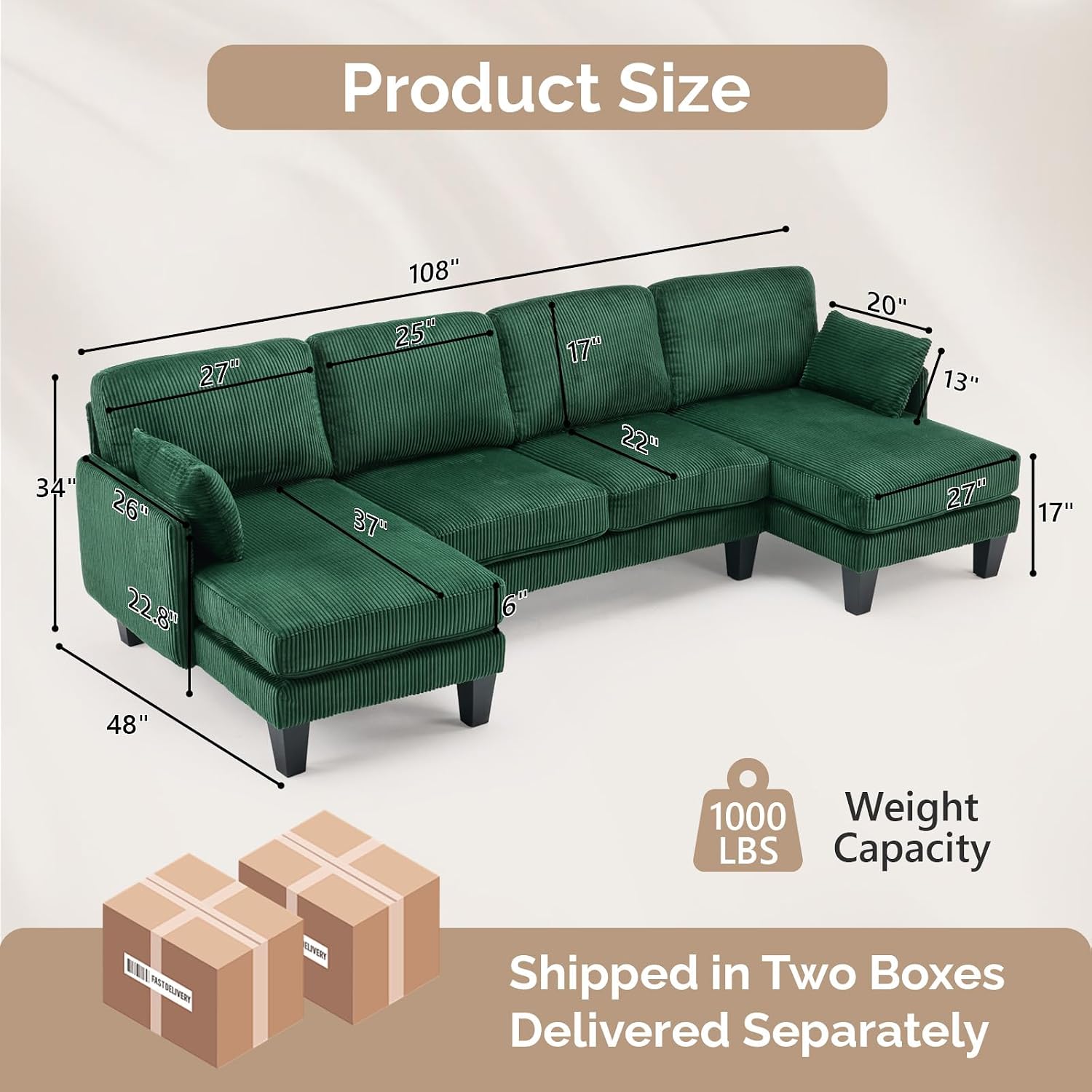 VINGLI 108' W U-Shaped Sectional Couches for Living Room, Sturdy Wooden Armrest Corduroy Cloud Couch with Double Chaise, High Support Modern 4-Seat Sectional Sofa for Apartment, Offices, Dark Green