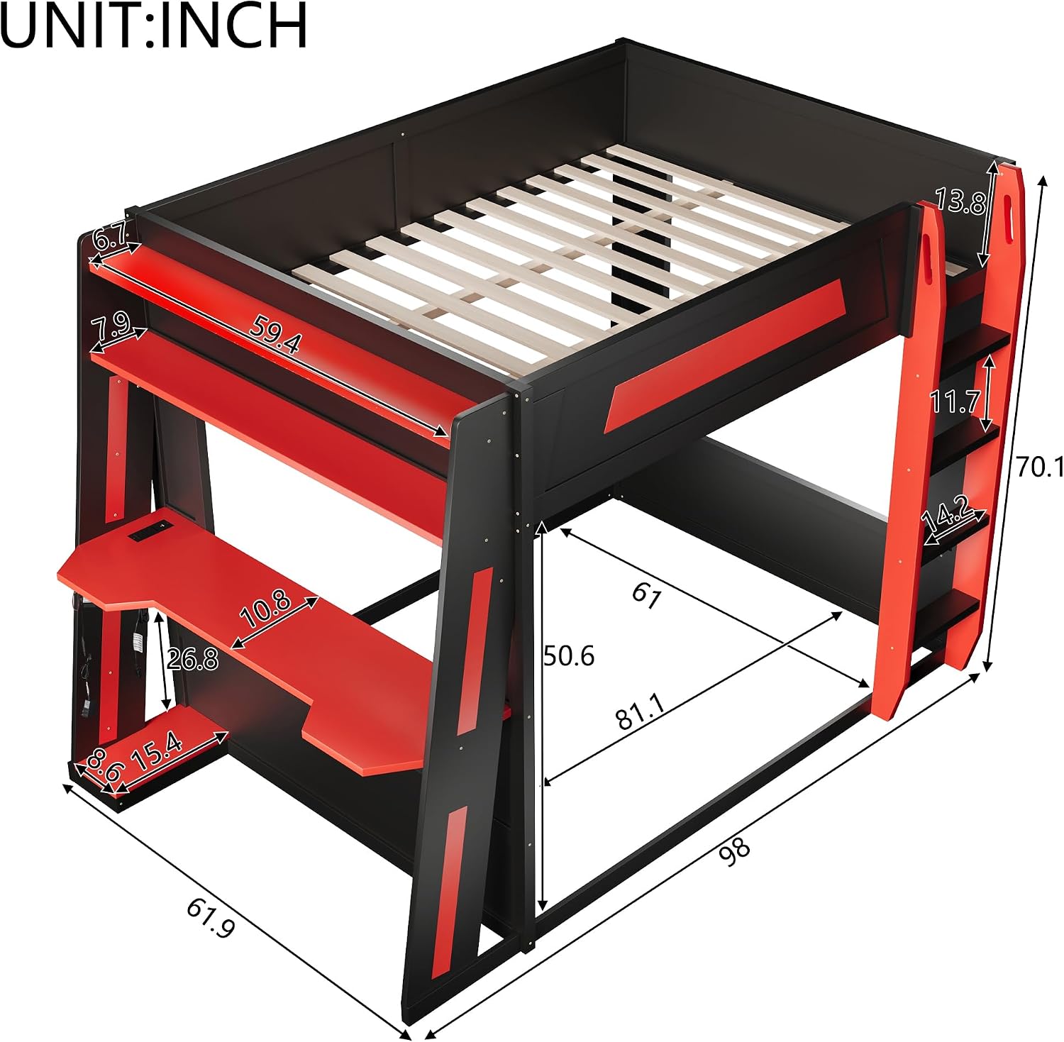 Queen Size Wooden Gaming Bunk Bed with Desk, Two Storage Shelves, USB and LED Light, Sturdy Loft Bed for Gamers & Small Spaces (Black+Red1)