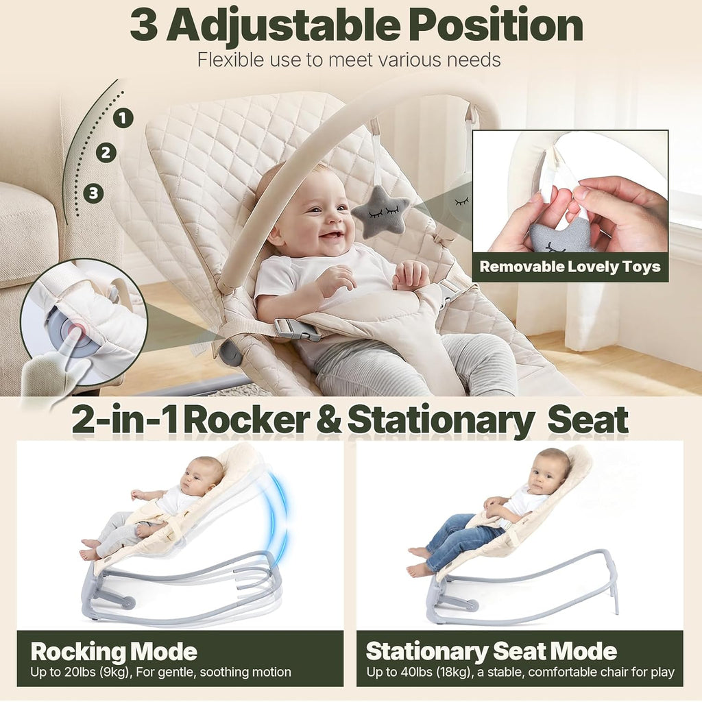 Orzbow Electric Baby Bouncer & Rocker with Innovative Auto Rocking Motion, Adaptable 3-Speed, Smart Tap Sensing, Soothing Sounds, and 3 Recline Positions, 2-in-1 Automatic Baby Rocker Chair, Beige