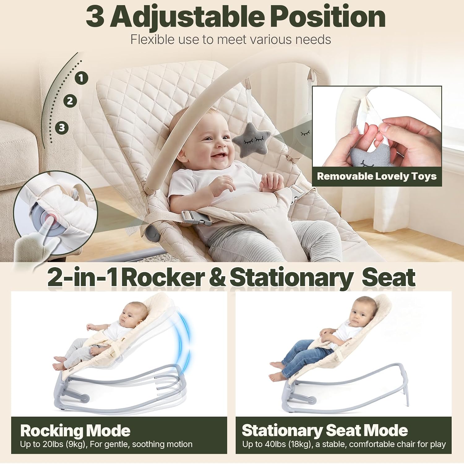 Orzbow Electric Baby Bouncer & Rocker with Innovative Auto Rocking Motion, Adaptable 3-Speed, Smart Tap Sensing, Soothing Sounds, and 3 Recline Positions, 2-in-1 Automatic Baby Rocker Chair, Beige