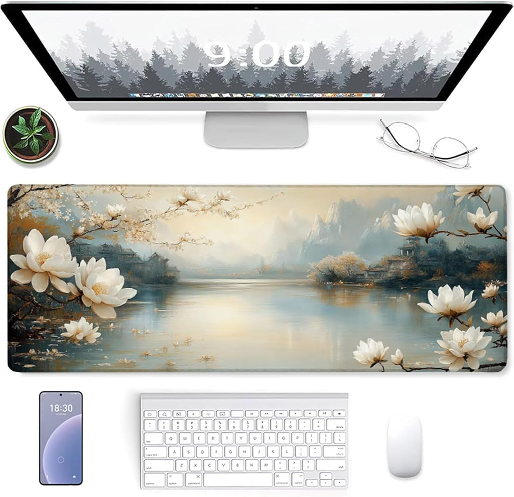 Flower Mouse Pad, Gaming Mouse Pad 60x32in, Desk Mat with Stitched Edges, Large Mousepad Waterproof, Gaming Accessories Keyboard Mat, Office Desk Accessories, for Gamer Computer Office, White 8-9879