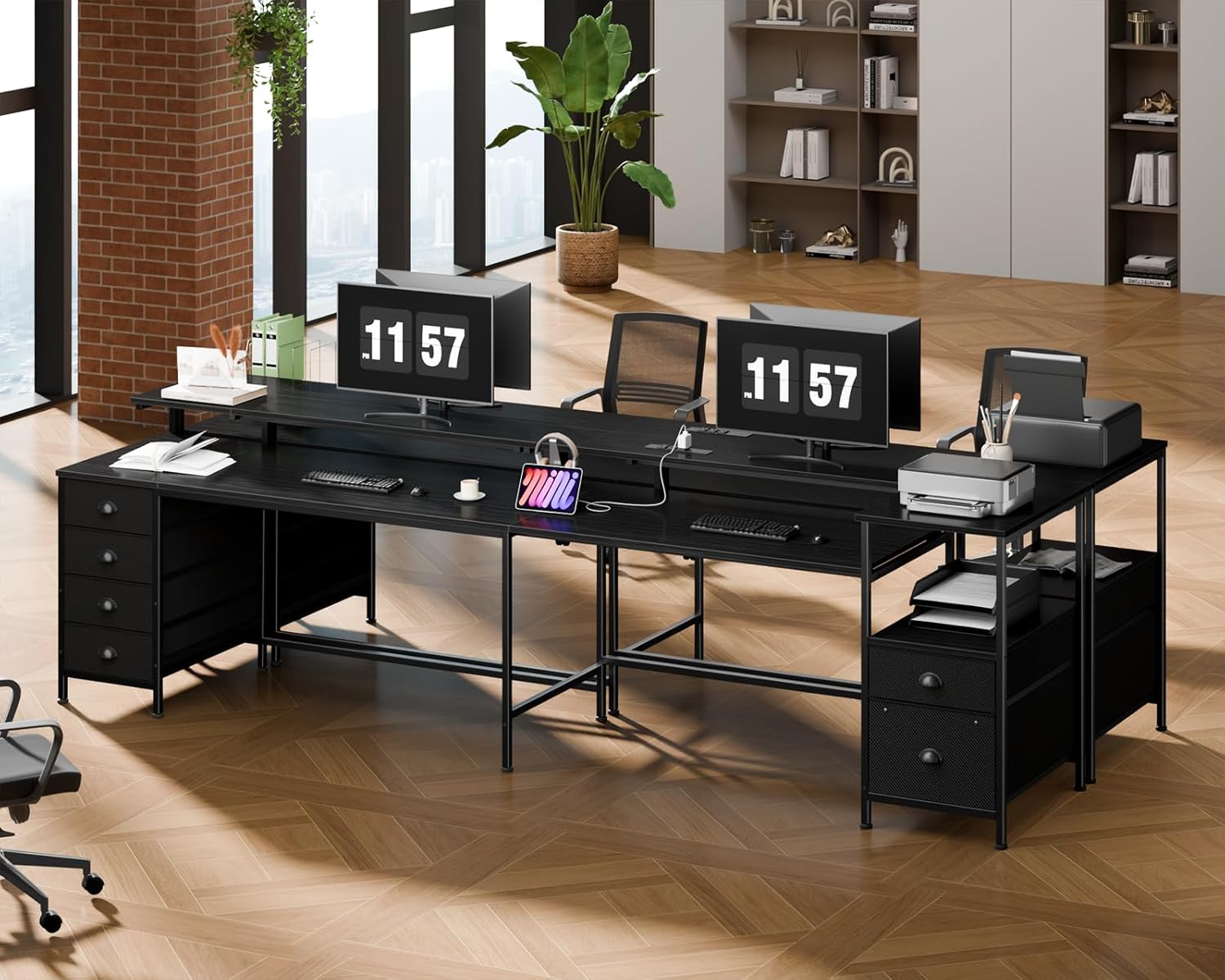 Furologee 95' Two Person Computer Gaming Desk, Long 2 Person Home Office Desk with 6 Drawers & Storage Shelves, Double Table with Power Outlets, LED Lights and Full Monitor Shelf, Black