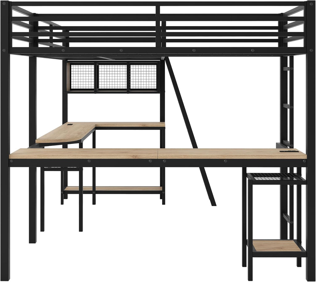 L-Shaped Loft Bed Twin Size with 2 Built-in Desks and Storage Shelves, Metal Gaming Loft Bed with LED and Charging Station for 2 Kids Teens Boys Girls
