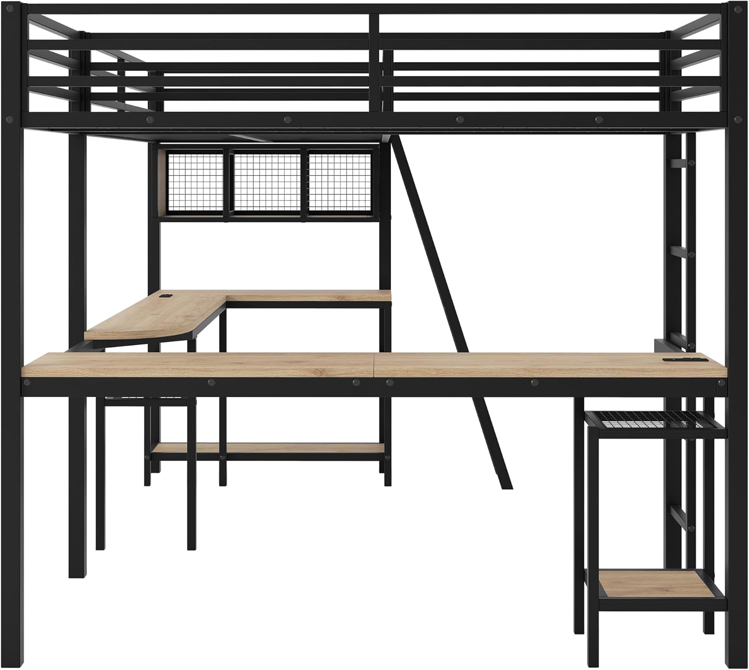 L-Shaped Loft Bed Twin Size with 2 Built-in Desks and Storage Shelves, Metal Gaming Loft Bed with LED and Charging Station for 2 Kids Teens Boys Girls