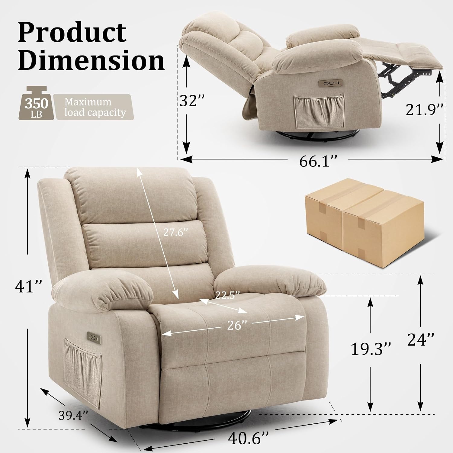 Korser Power Recliner Chair, Electric Rocker Recliner with Massage and Heat, 270° Swivel Glider, Oversized Wide Seat with USB Port, Cashmere Nursery Chair for Living Room, Khaki