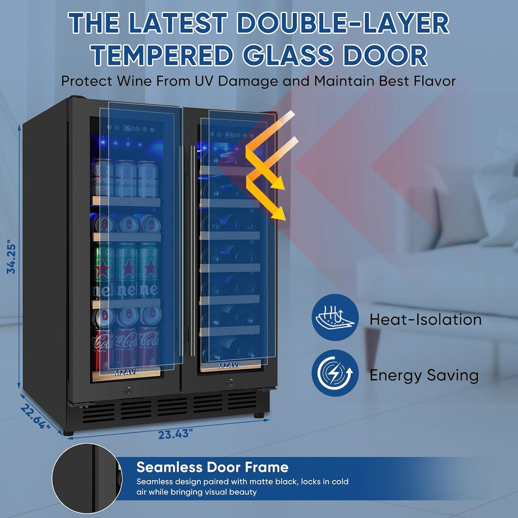 Wine and Beverage Refrigerator 24', Upgraded Dual Zone Wine Beverage Cooler with Glass Door and French Door, Large Capacity Beer Fridge Holds 21 Bottles & 88 Cans, Built-In or Freestanding - Black