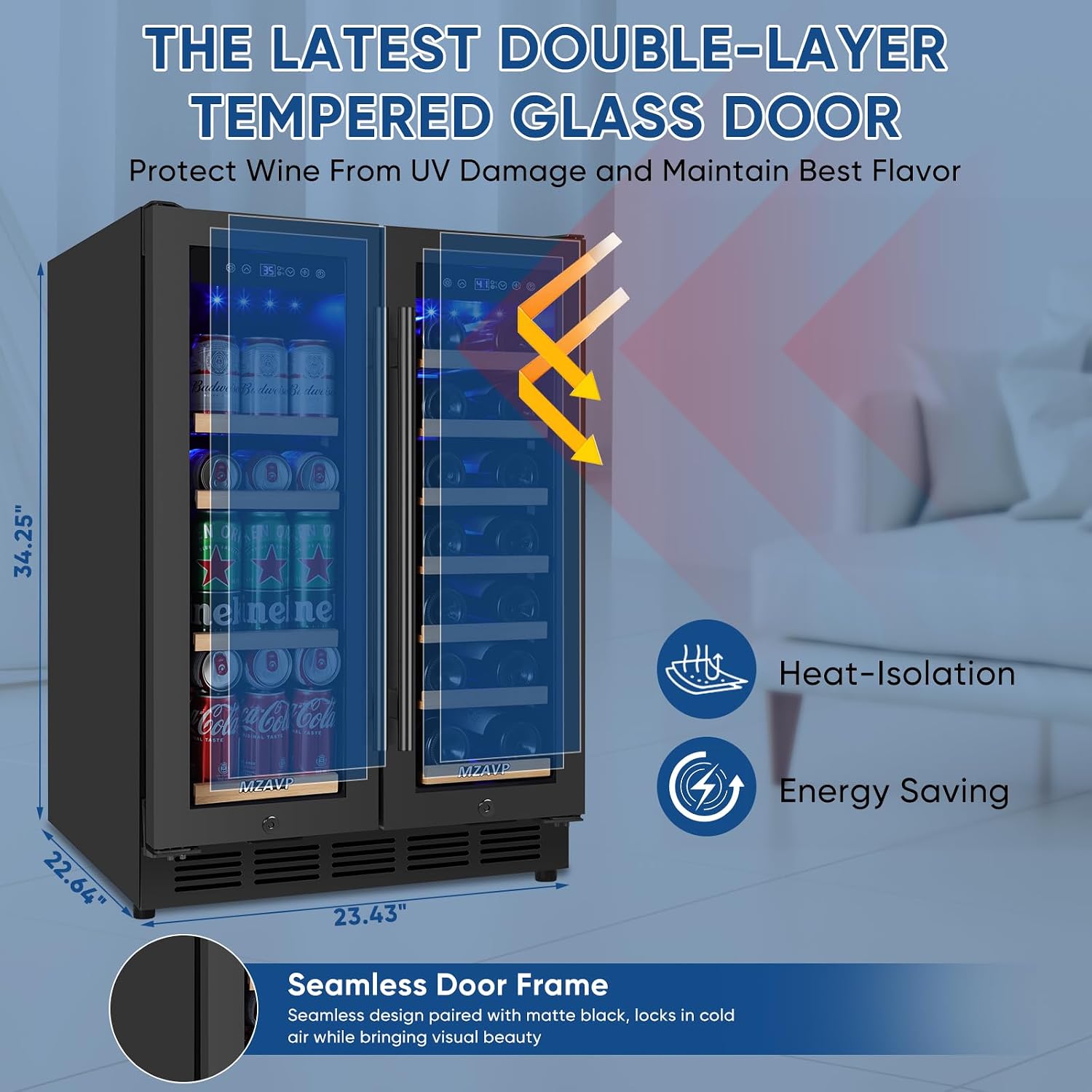 Wine and Beverage Refrigerator 24', Upgraded Dual Zone Wine Beverage Cooler with Glass Door and French Door, Large Capacity Beer Fridge Holds 21 Bottles & 88 Cans, Built-In or Freestanding - Black