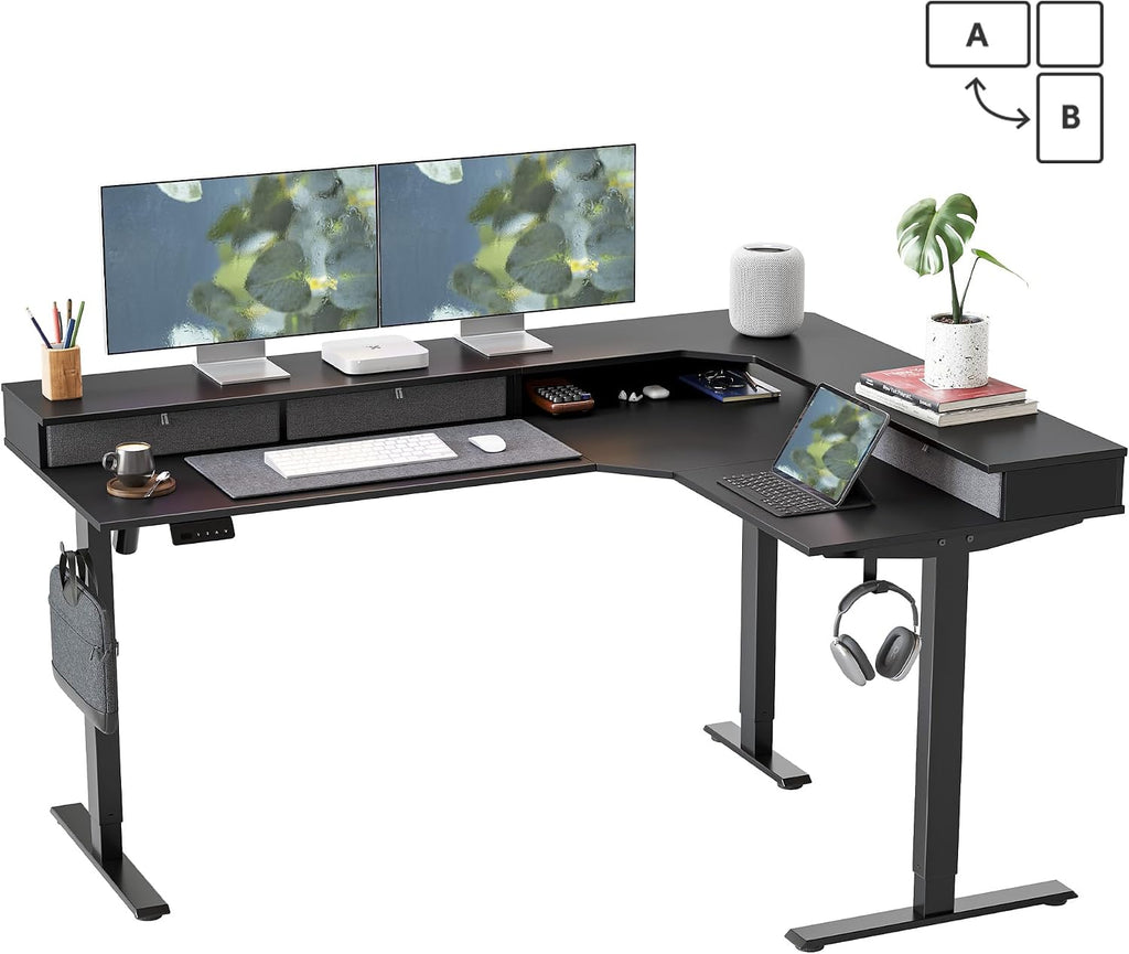FEZIBO L-Shaped Electric Standing Desk, 63 x 48 Inches Large Height Adjustable, Corner Desk with Drawers, Ergonomic Computer Table, Black Top