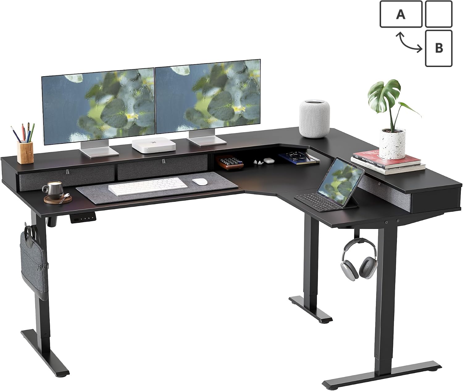 FEZIBO L-Shaped Electric Standing Desk, 63 x 48 Inches Large Height Adjustable, Corner Desk with Drawers, Ergonomic Computer Table, Black Top