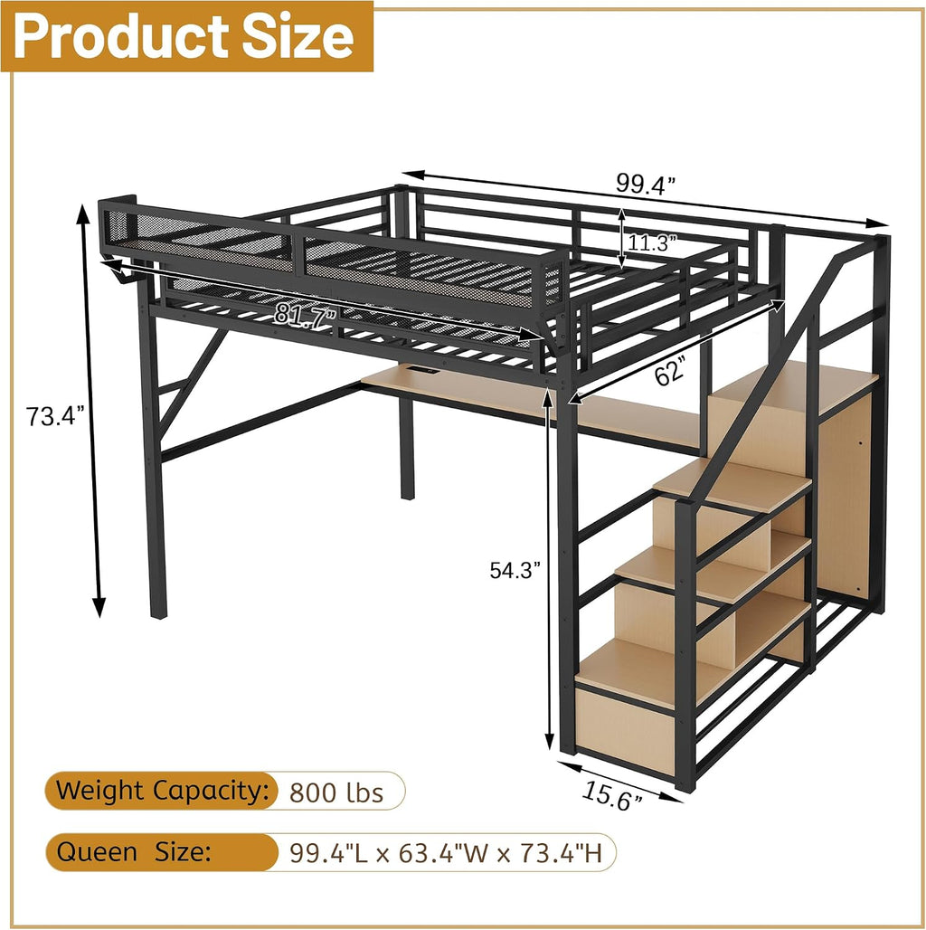Queen Loft Bed with Desk, Stairs and Charging Station, Metal High Gaming Loft Bed Queen Frame with Storage Shelves, RGB Light & Closet, Heavy-Duty Beds for Adults,Teens, Kids, Black