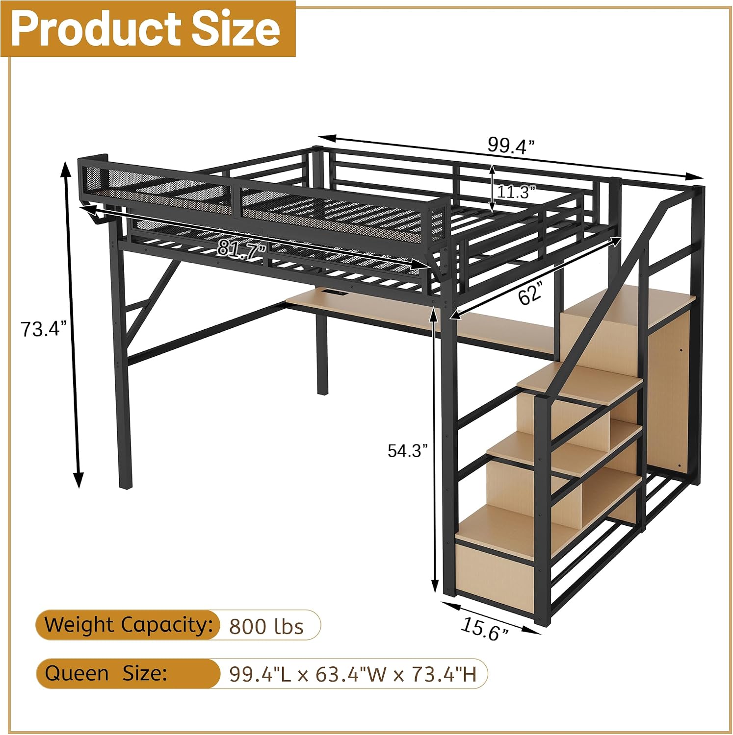 Queen Loft Bed with Desk, Stairs and Charging Station, Metal High Gaming Loft Bed Queen Frame with Storage Shelves, RGB Light & Closet, Heavy-Duty Beds for Adults,Teens, Kids, Black