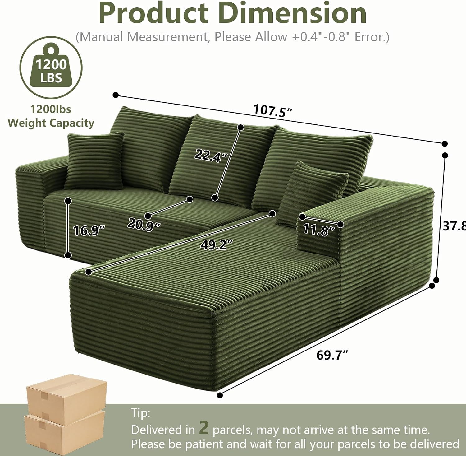 107' Cloud Sectional Couch with L-Shape Chaise, Modern Modular Comfy Sofa Chaise Longue, Upholstered Corduroy Couches Sleeper with Deep Seat for Living Room Bedroom, No Assembly Required, Green