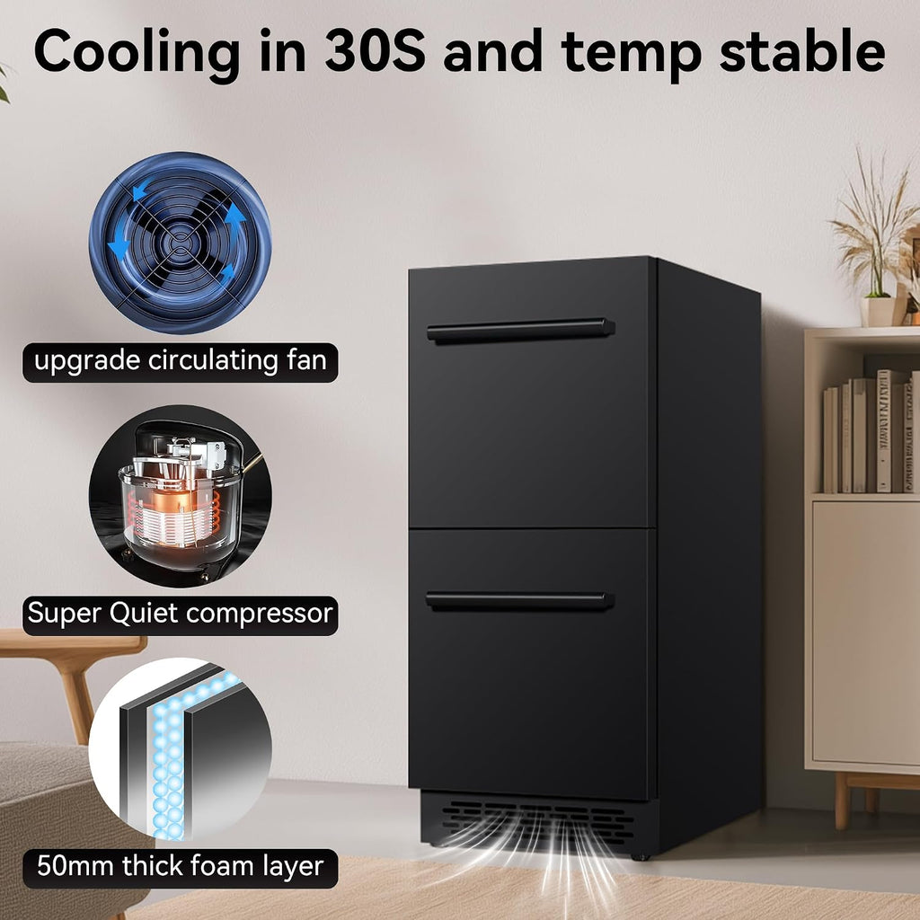 15 Inch Double Drawer Beverage Refrigerator, 3.39 Cu.Ft. Under Counter Fridge, Waterproof All Black Stainless Steel Beverage Fridge,low noise Rapid cooling for Indoor, Outdoor, Kitchen, Patio