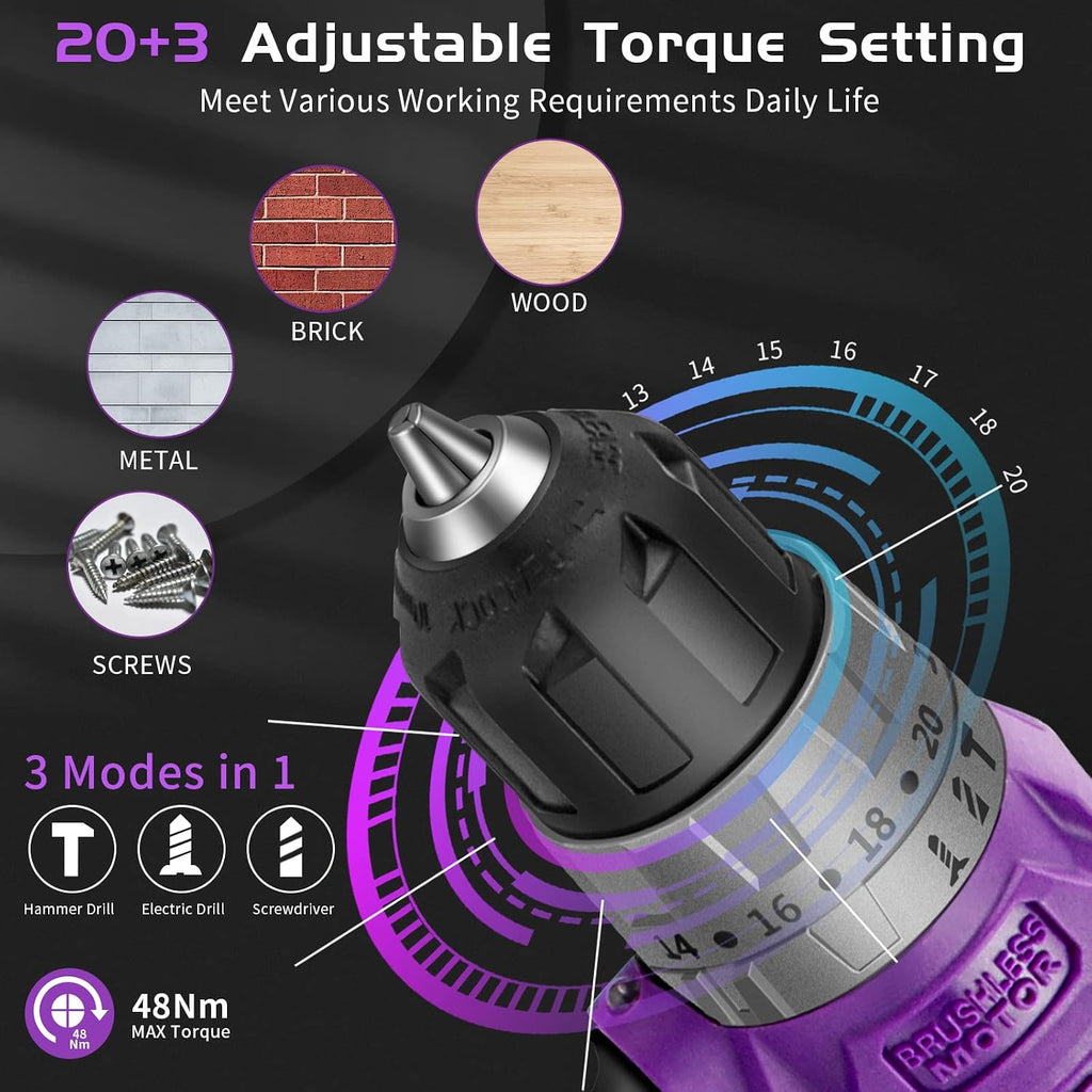 Purple Brushless Cordless Drill Set, 20V Compact Power Driver Kit with Electric Motor, 20+3 Torque Setting, 48 N.m, 2 Variable Speed, 23pcs Driver Bits, and Tool Box for Women Men Home DIY