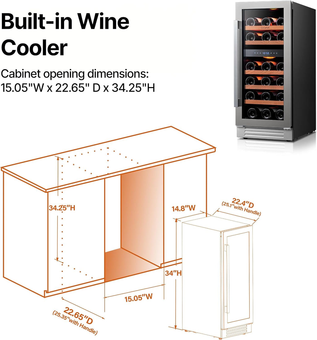 Ca'Lefort 15 Inch Wine Fridge, 28 Bottle Wine Cooler Refrigerator, 40-65°F Wine Refrigerator Glass Door, 3 LED Dual Zone Wine Fridge, Built-in or Freestanding Fridge for Home/Bar/Kitchen (3.0 cu.ft)