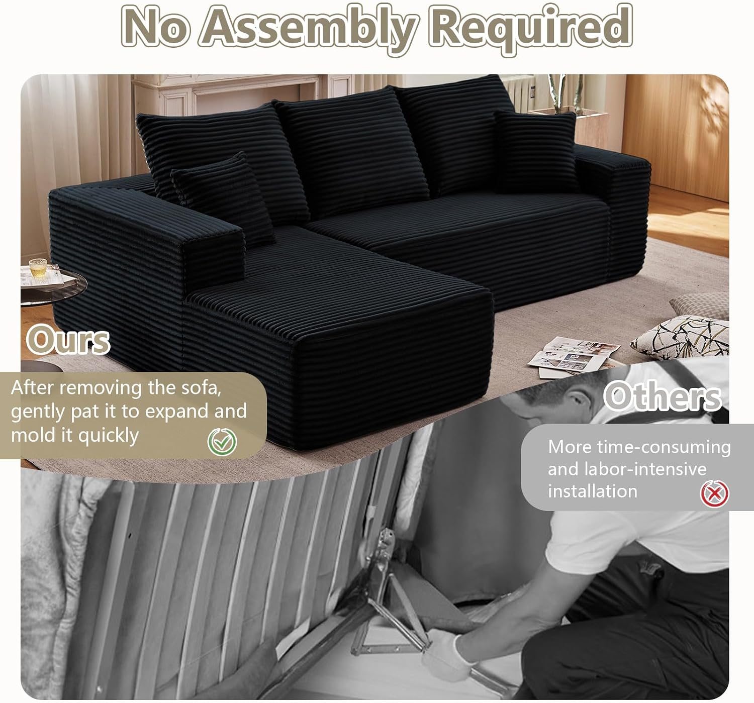 107' Cloud Sectional Couch with L-Shape Chaise, Modern Modular Comfy Sofa with Deep Seat, Upholstered Corduroy Couches Sleeper Chaise Longue for Living Room Bedroom, No Assembly Required, Black