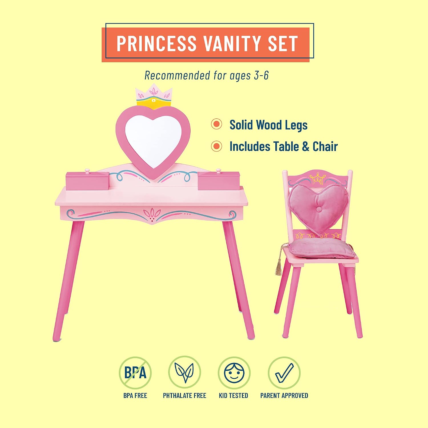 Wildkin Kids Princess Vanity & Chair Set – Wooden Vanity for Girls with Mirror, Jewelry Box & Music Box, with Removable Cushioned Chair - Pink