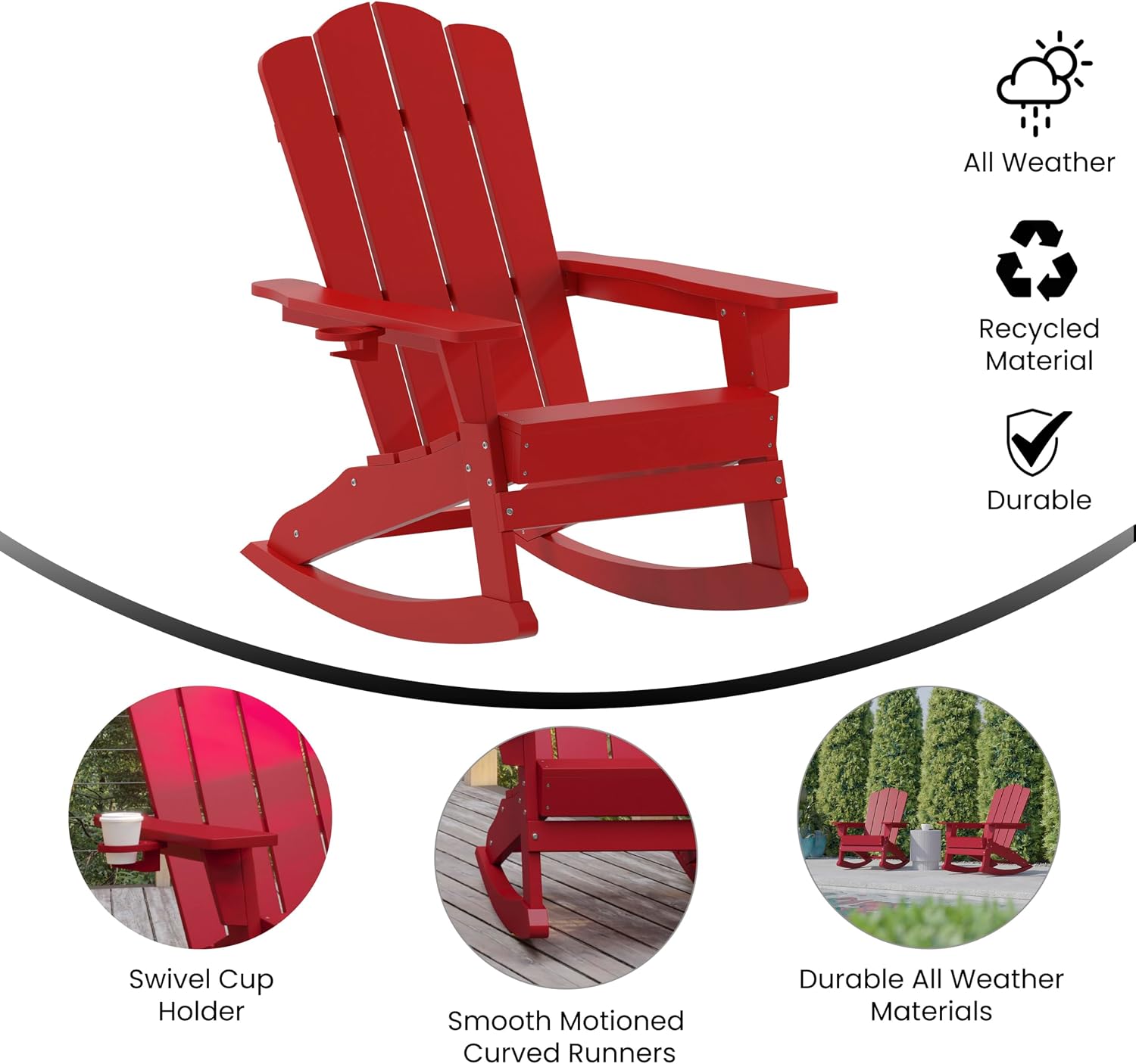 EMMA + OLIVER Tiverton Adirondack Rocking Chair with Cup Holder, Weather Resistant Poly Resin Adirondack Rocking Chair, Red