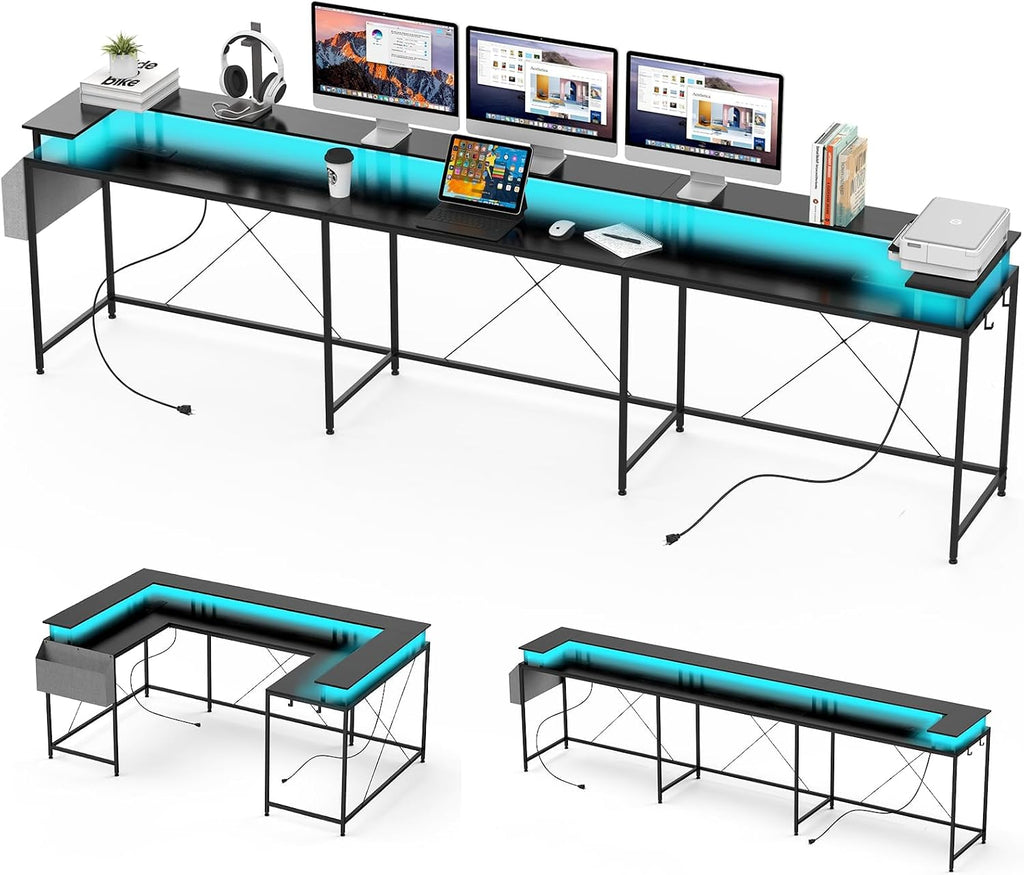 78' U-Shaped Gaming Desk - Reversible L-Shaped Computer Desk with Power Outlets, USB Ports & LED Strip, Corner Office Desk with Storage Shelves & Monitor Stand - Black.