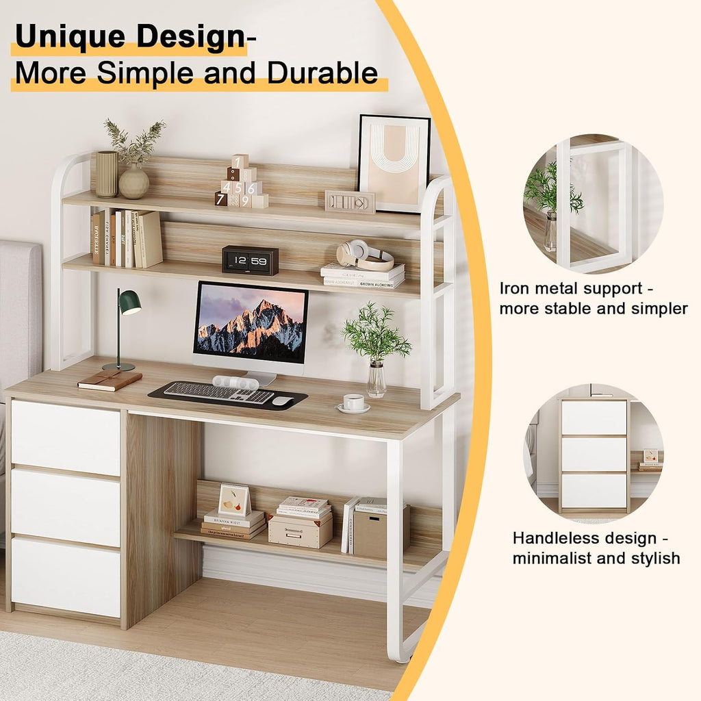 MaverickFurni Computer Desk with 3 Drawers and Shelves, 55 Inch Desk with Hutch for Small Spaces, Study Writing Desk with Shelves for Bedrrom, Adjustable Feet, Light Walnut