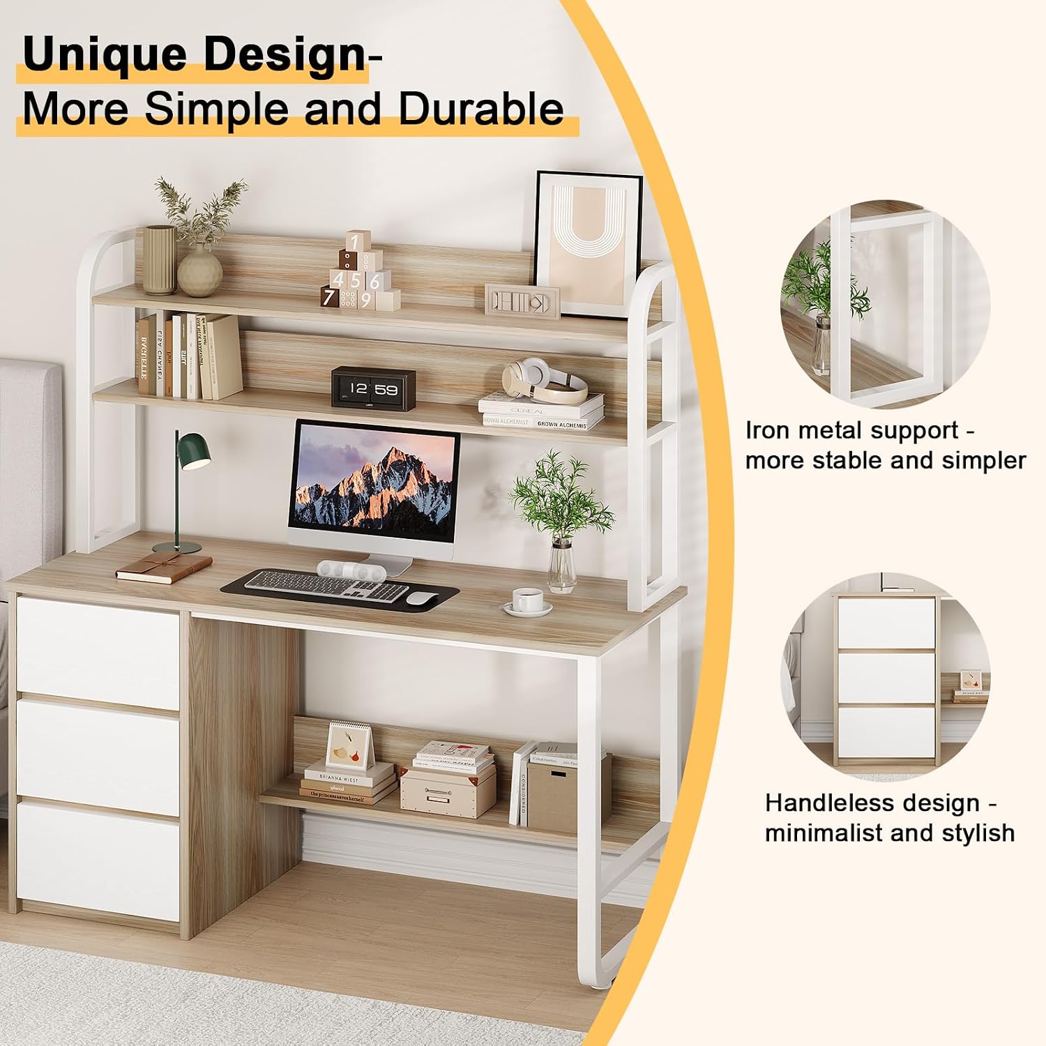 MaverickFurni Computer Desk with 3 Drawers and Shelves, 55 Inch Desk with Hutch for Small Spaces, Study Writing Desk with Shelves for Bedrrom, Adjustable Feet, Light Walnut