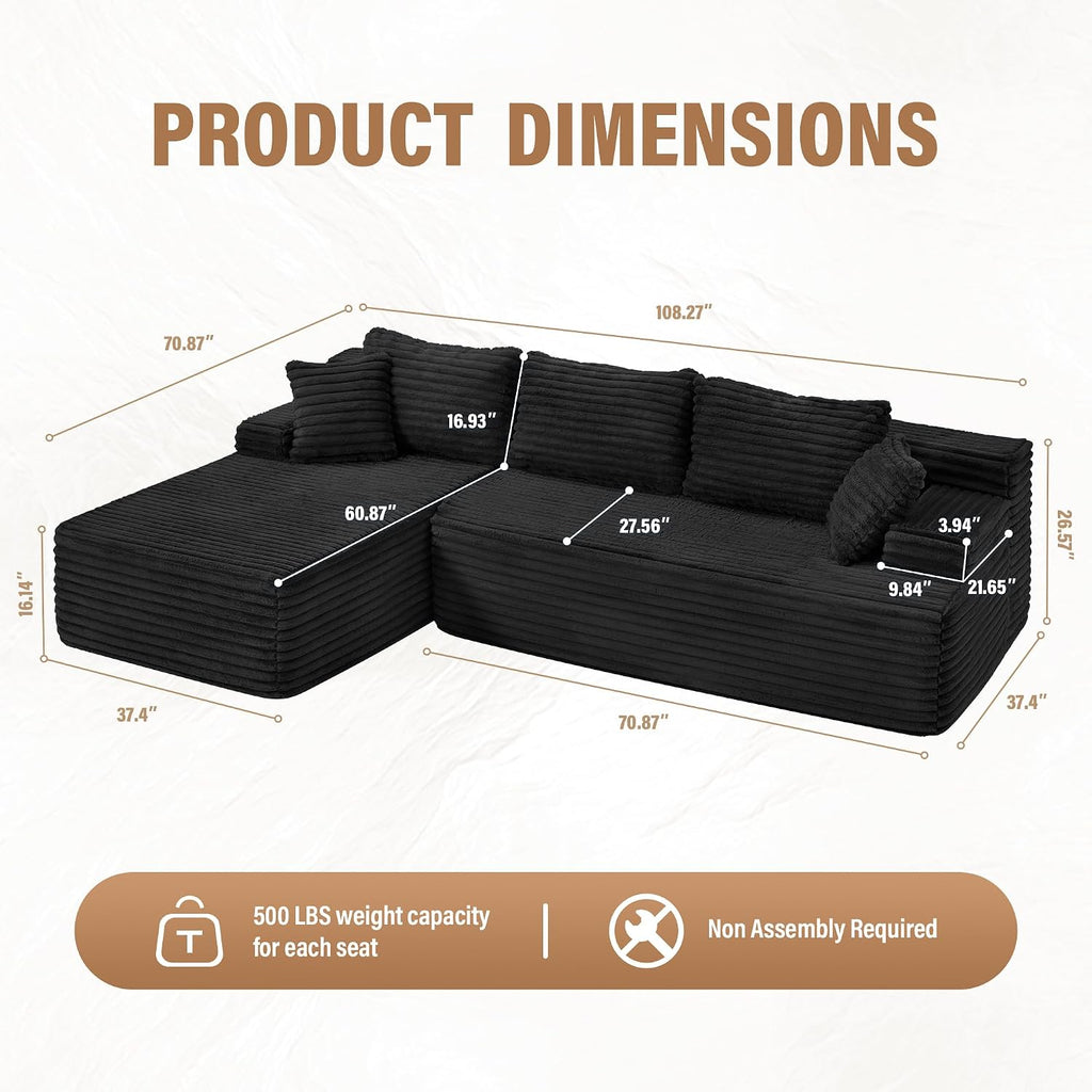 Hobestluk Modular Sectional Sofa Couches L-Shape Couch 3 Seat Modular Sofa Memory Foam Sectional Couches for Living Room, Cloud Couch with Oversized Chaise (Left Facing)