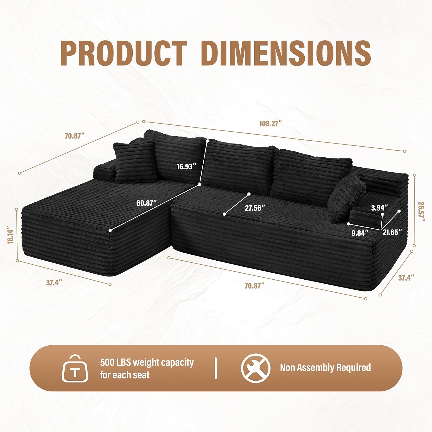 Hobestluk Modular Sectional Sofa Couches L-Shape Couch 3 Seat Modular Sofa Memory Foam Sectional Couches for Living Room, Cloud Couch with Oversized Chaise (Left Facing)