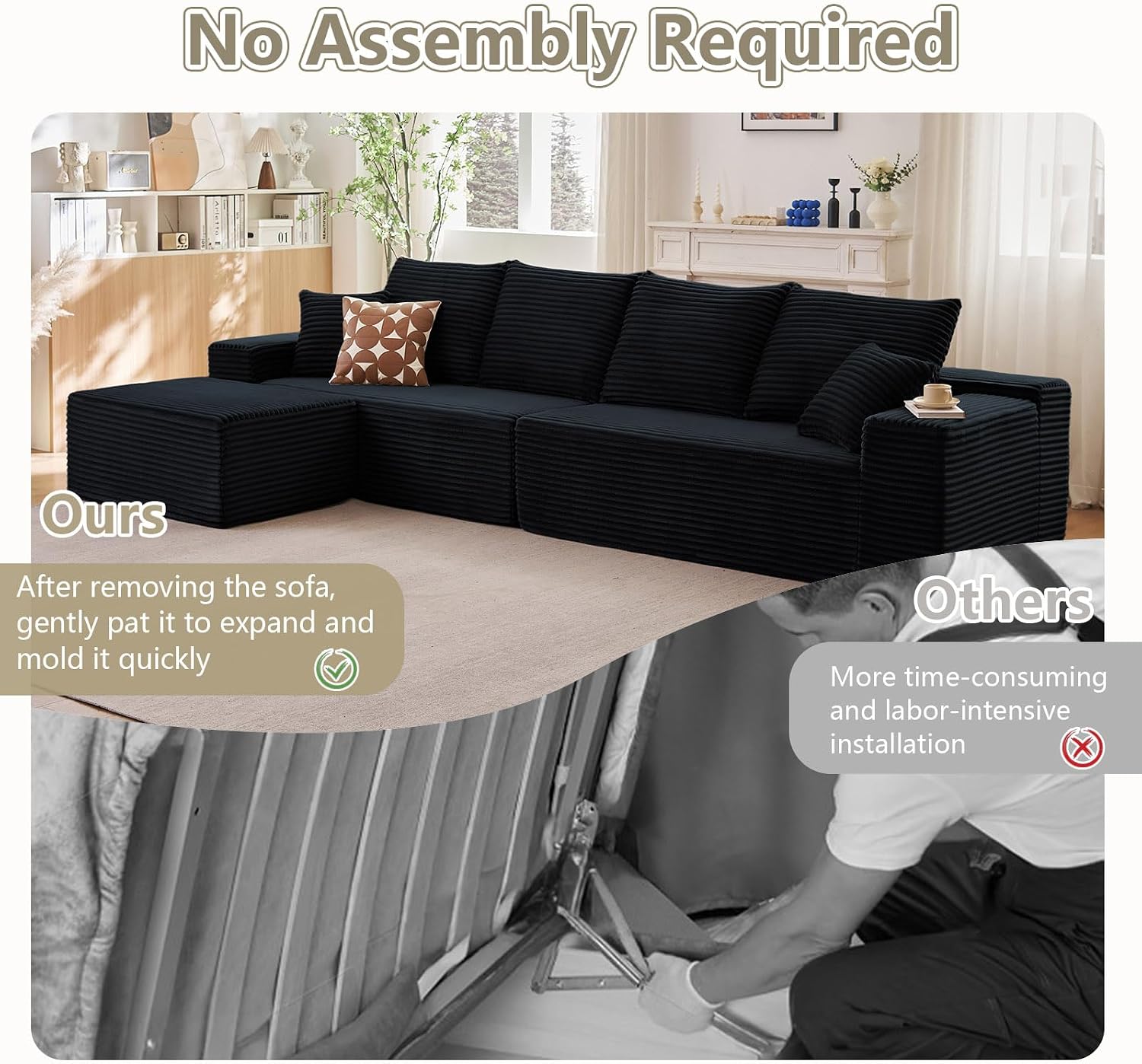 140' L Shaped Cloud Sectional Couch for Living Room, Modular Floor Deep-Seat Sofa, Big Comfy Corduroy Couches Set with Fluffy Memory Foam for Living Room Bedroom, No Assembly Required, Black