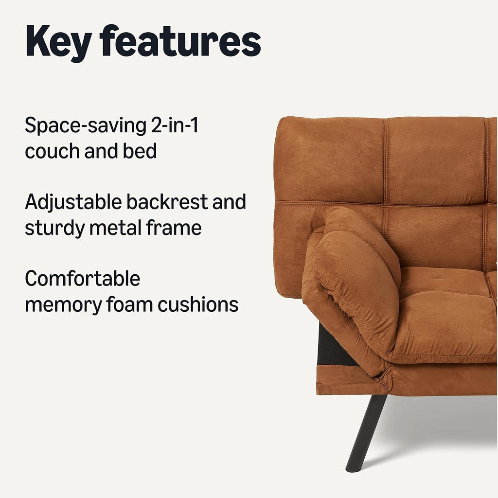 Amazon Basics Convertible Loveseat Sofa Bed with Memory Foam, Adjustable Positions, Linen Fabric, Modern Sleeper for Small Living Room, Office, Apartment, Brown