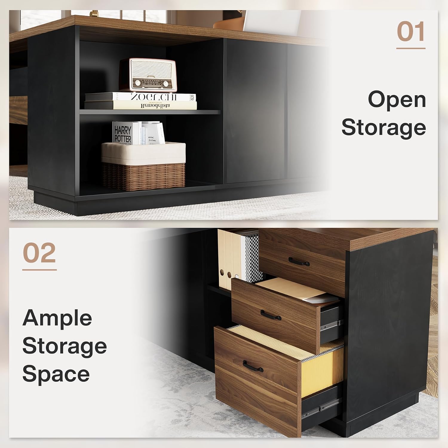 Tribesigns L-Shaped Executive Desk, 78-Inch Modern Office Desk with Drawers and Lateral File Cabinet, Large Bussiness Furniture with Storage Shelves, Workstation for Home Office (Brwon + Black)