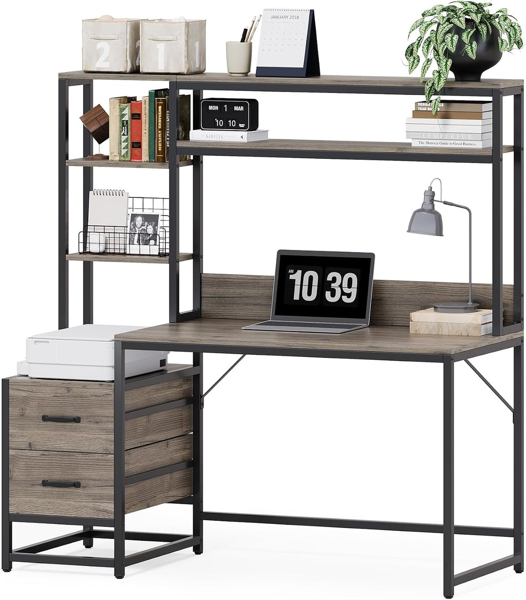 LITTLE TREE Computer Desk with Drawers and Hutch, Small Wooden Writing Desk with Storage Shelves for Bedroom, Rustic Desk for Home Office Desk, Gray
