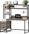 LITTLE TREE Computer Desk with Drawers and Hutch, Small Wooden Writing Desk with Storage Shelves for Bedroom, Rustic Desk for Home Office Desk, Gray