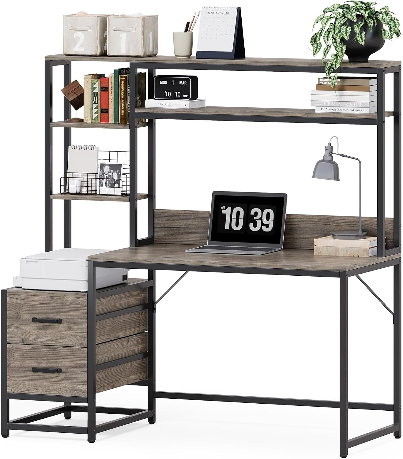 LITTLE TREE Computer Desk with Drawers and Hutch, Small Wooden Writing Desk with Storage Shelves for Bedroom, Rustic Desk for Home Office Desk, Gray