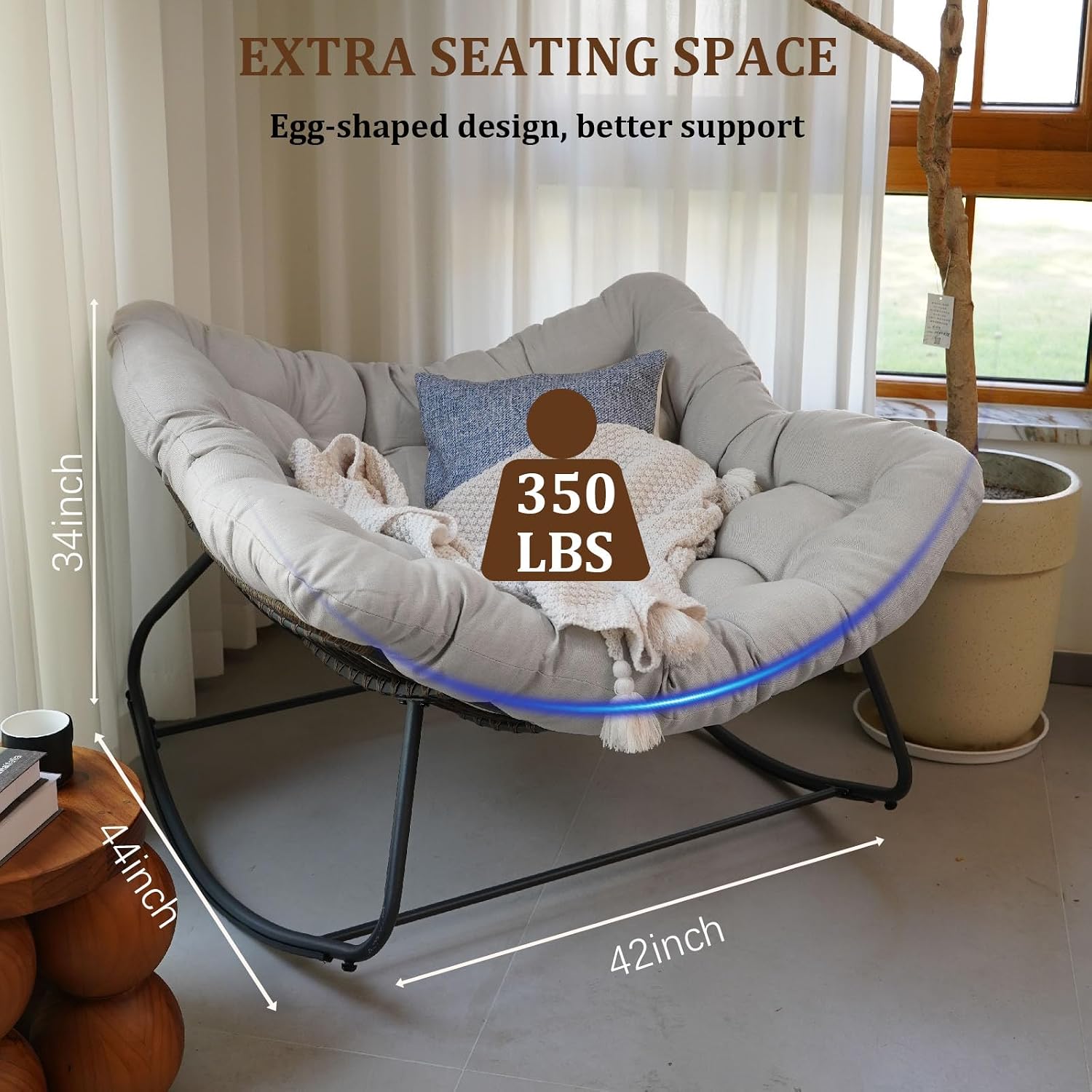 Rocking Papasan Chair, Oversized Outdoor Rocking Chair Rattan Rocking Chair with Deep Seat Thick Cushion, Patio Rocking Chair for Indoor/Porch/Garden (Light Grey & Black), Spring, 2026