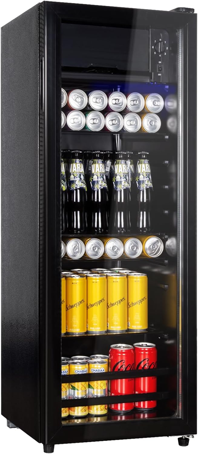 Cucina Magica 4.8 Cu.Ft Beverage Refrigerator, 155 Can Mini Fridge with Freeze with Glass Door, Adjustable Shelves, Drink Fridge, Suitable for Soda, Beer, Essential for Home/Bar