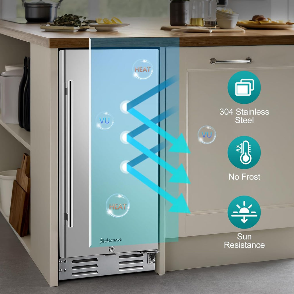 Kalamera Beverage Refrigerator, 15 inch Under Counter Beer Fridge for 104 Cans w/ 32-41℉ Temperature Range, Drink Fridge with Stainless Steel Door