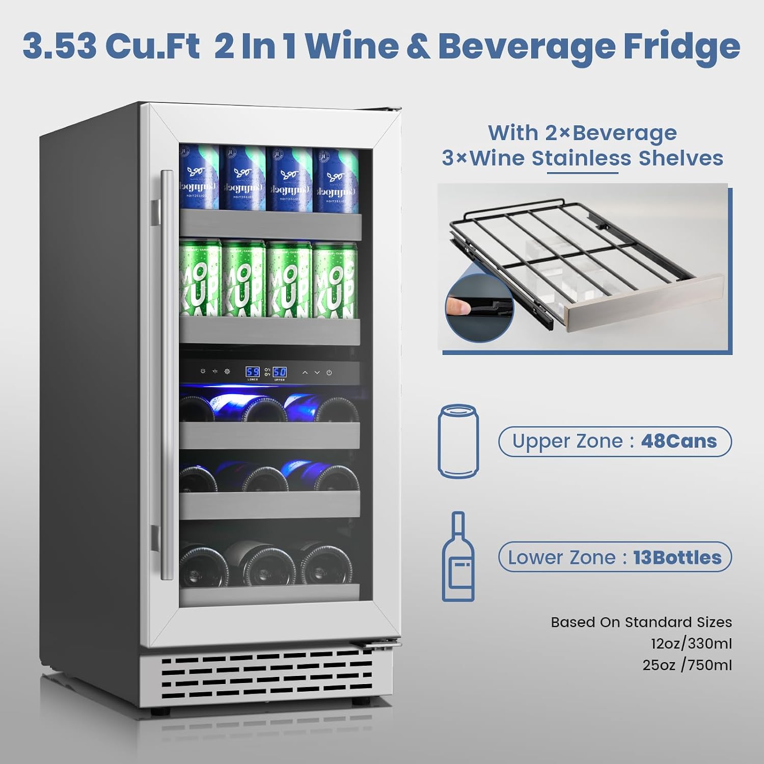 15 Inch Wine and Beverage Refrigerator, 13 Bottle & 48 Cans Dual Zone Wine Cooler, 37-65°F, Freestanding/Under Counter Beverage Fridge with Glass Door Stainless Steel Shelves