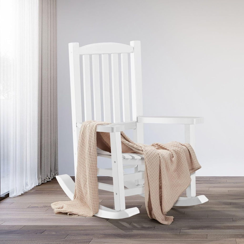 Hupmad Wooden Rocking Chair Outdoor Oversized Porch Rocker Chair,Patio Wooden Rocker with High Back and Armrest,All Weather Rocker Slatted for Backyard,Garden,400 lbs Support,White